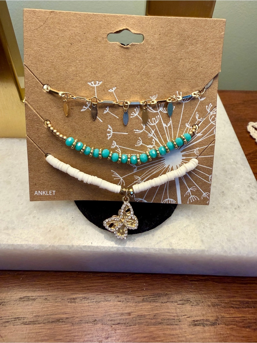 Gold, Turquoise & White Layered Anklet Set with Butterfly Charm